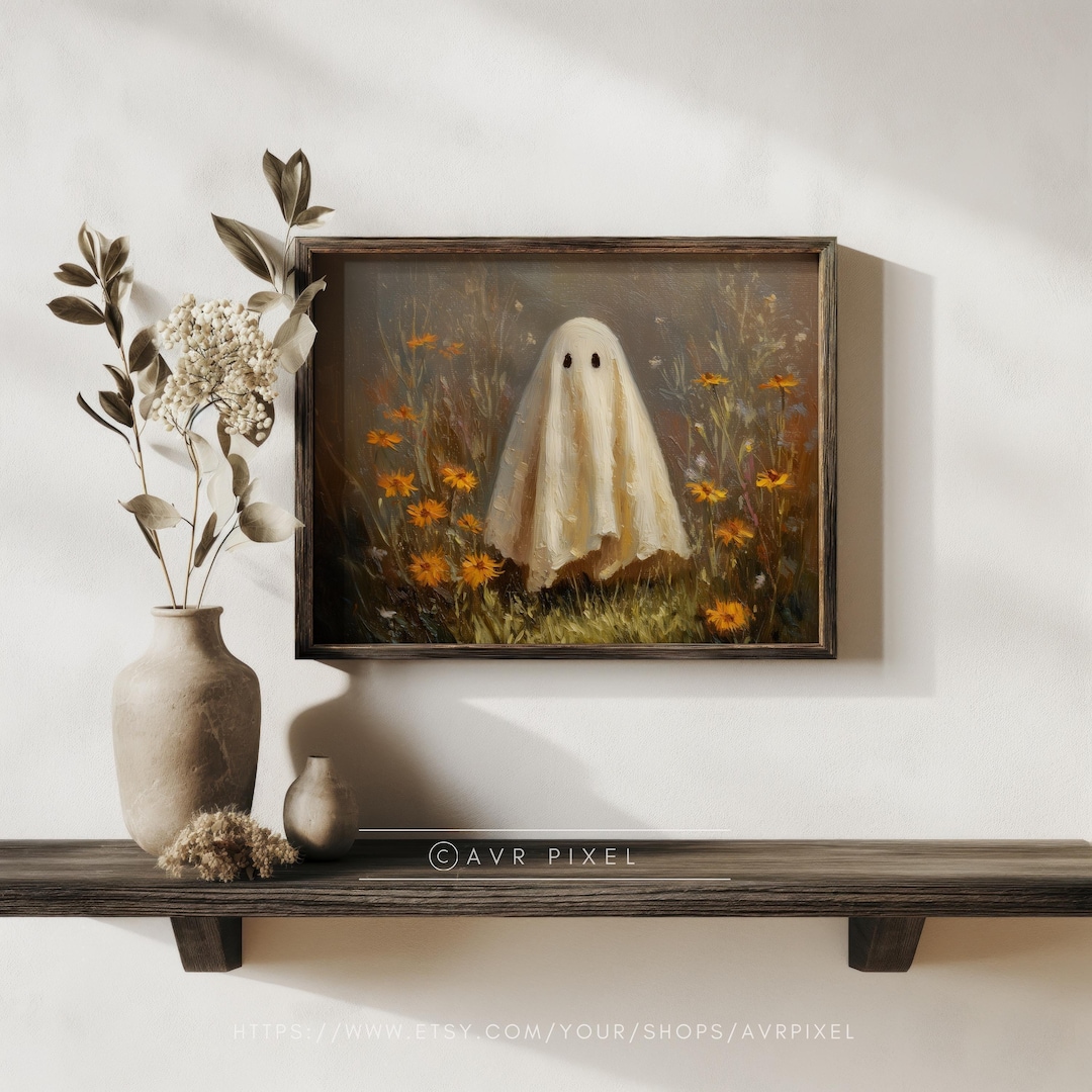 Ghost in Wildflower Meadow Art Print - Soft, Non-Scary Halloween Decor view 2
