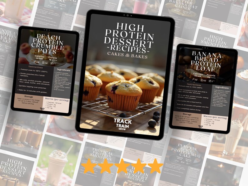 May include: Tablets displaying recipes for high-protein desserts, including peach crumble pots, banana bread, and muffins. The central tablet reads "High Protein Dessert Recipes - Cakes & Bakes". The image includes text and food photography.