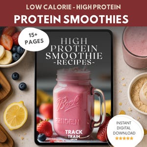 May include: Image promoting protein smoothies, with a pink smoothie in a Ball jar and a glass, alongside ingredients like strawberries, blueberries, and bananas. Text includes "Protein Smoothies" and "High Protein Smoothie Recipes".
