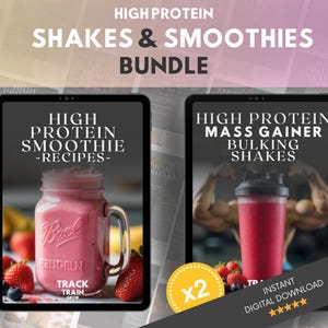 Könnte beinhalten: Ein digitales Bundle mit zwei Tablets, die Rezepte für proteinreiche Shakes und Smoothies zeigen. Eines zeigt einen rosa Smoothie in einem Einmachglas mit Erdbeeren. Das andere zeigt einen roten Shake in einem Shaker mit einem muskulösen Mann. Text: "High Protein Shakes & Smoothies Bundle".