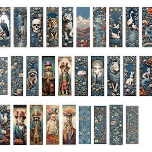 Puede incluir: Una colección de 36 marcapáginas ilustrados con varios animales, incluyendo un ciervo, un lobo, un oso, un gato, un mapache, un cisne, un unicornio, un zorro, un conejo, un pájaro, una calavera, un león, un tigre, un alce, un pez y un paisaje de montaña. Los marcapáginas son todos rectangulares y tienen un fondo azul con diseños florales.