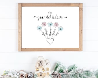 Aangepaste familieprint! Een gepersonaliseerd, bloemig kleinkinderenbord dat een geweldig cadeau zou zijn voor grootouders