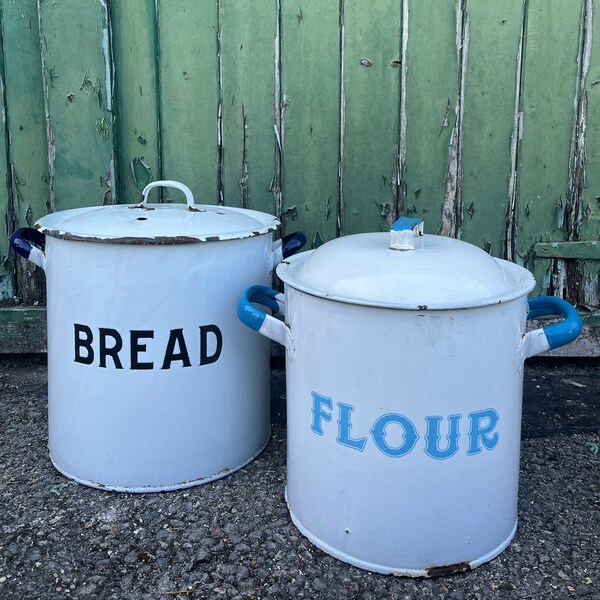 Bread and Flour enamel storage tins