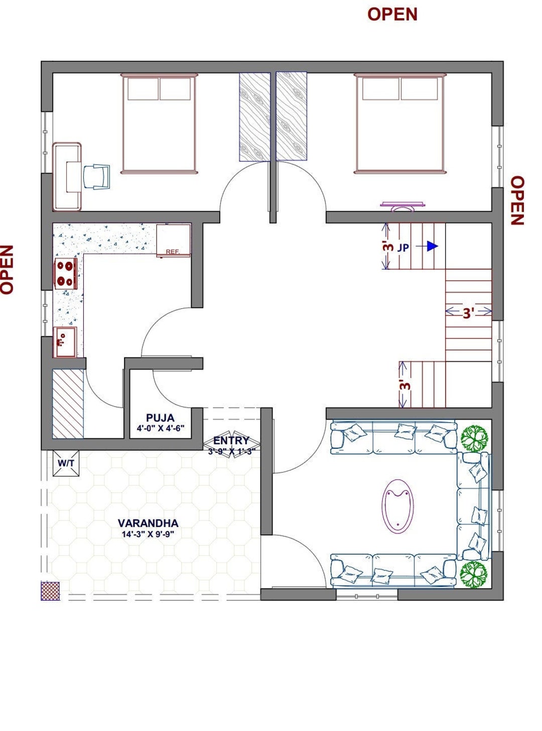 3 Bedroom House Plan Medium House Plan 35'X50' Etsy