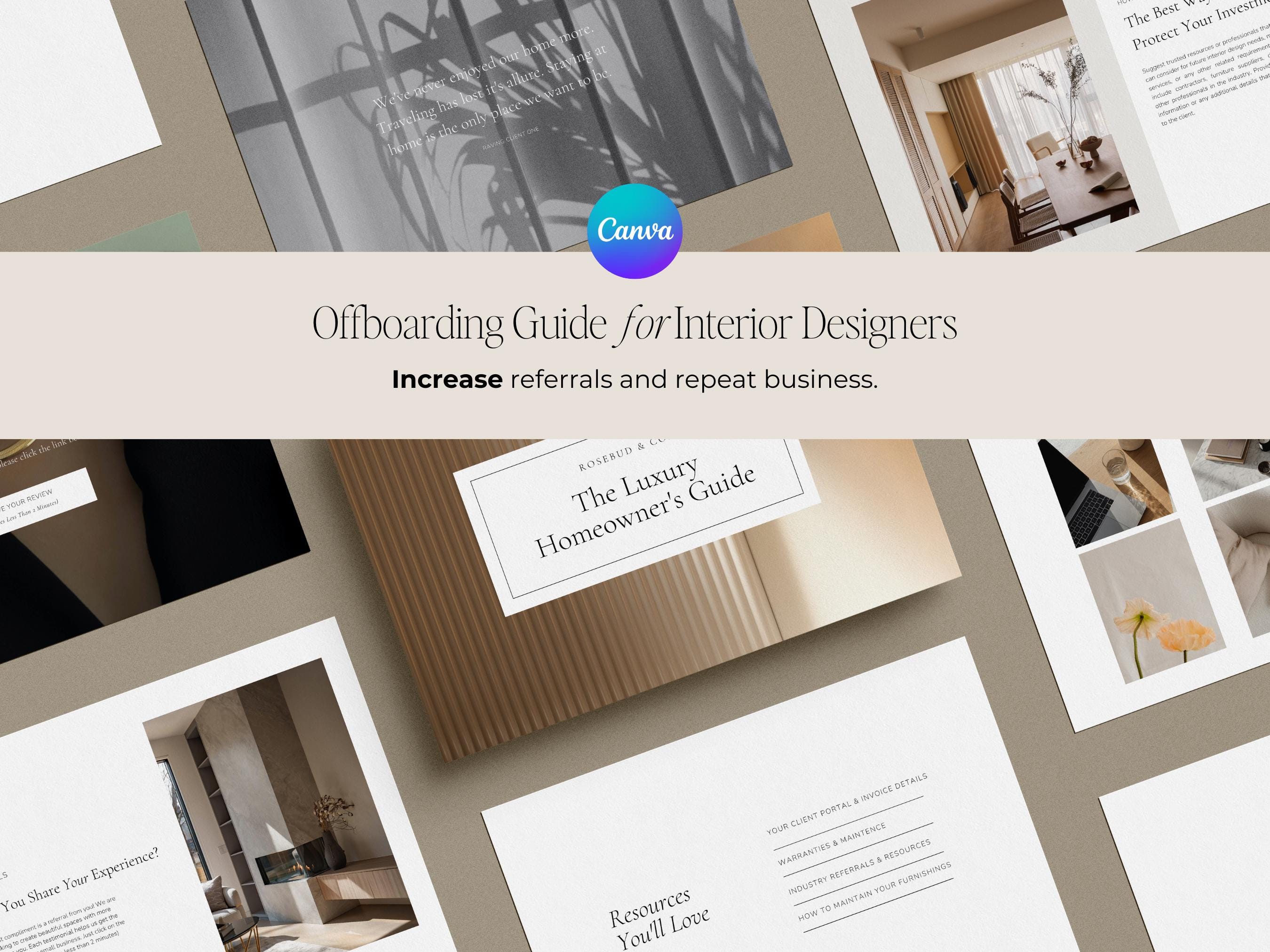 Kunden Offboard-Vorlage Canva Interior Design Goodbye Guide Project Closure Kit E-Design Pflegeanweisungen Interior Design Services Pack