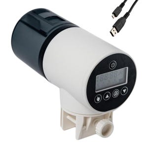 May include: White and black automatic fish feeder with a digital display showing "88:88". The feeder has a black power button and a black control panel with buttons for up, down, and a gear icon. The feeder is connected to a white tube with a black cap. The feeder comes with a USB cable.