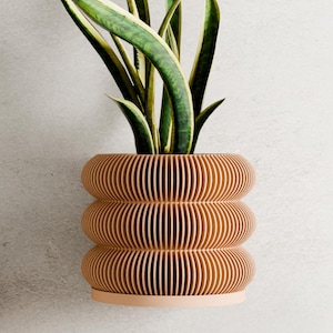 Puede incluir: Dos maceteros cilíndricos apilados montados en la pared con un diseño acanalado marrón claro. Cada macetero contiene una planta de serpiente con hojas a rayas verdes y amarillas. Los maceteros tienen una base rosa claro y están montados en una pared gris claro.