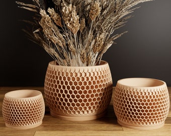 Wood Honeycomb Planter, Unique 3D Printed Plant Pot with Drainage & Saucer For Houseplants , 9 Color Options, Small to Large, 4 5 6 7 8 Inch