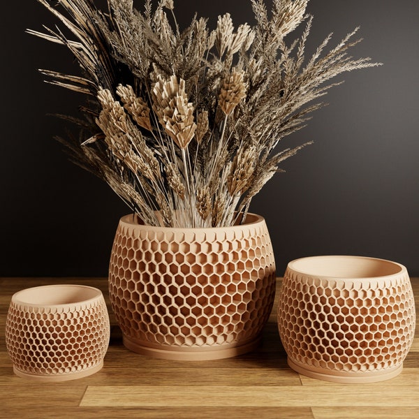 Wood Honeycomb Planter, Unique 3D Printed Plant Pot with Drainage & Saucer For Houseplants , 9 Color Options, Small to Large, 4 5 6 7 8 Inch