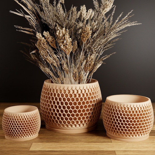 Wood Honeycomb Planter, Unique 3D Printed Plant Pot with Drainage & Saucer For Houseplants, 9 Color Options, Small to Large, 4 5 6 7 8 Inch