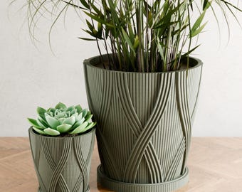 Tall Modern Indoor Planter Pot, Interlace Design For Plant Lover, Minimalist Planter with Drainage and Drip Tray, 3D Printed Planter Gift