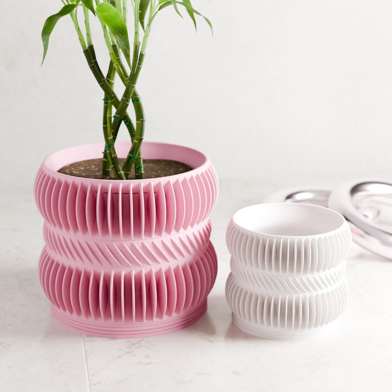 May include: A pink, ribbed ceramic planter holds a green plant with bamboo stalks. A smaller white planter with a similar ribbed design sits beside it. The planters have a modern, geometric aesthetic.
