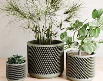May include: Three green potted plants with a geometric pattern on the pots. The plants are on a light wood surface.