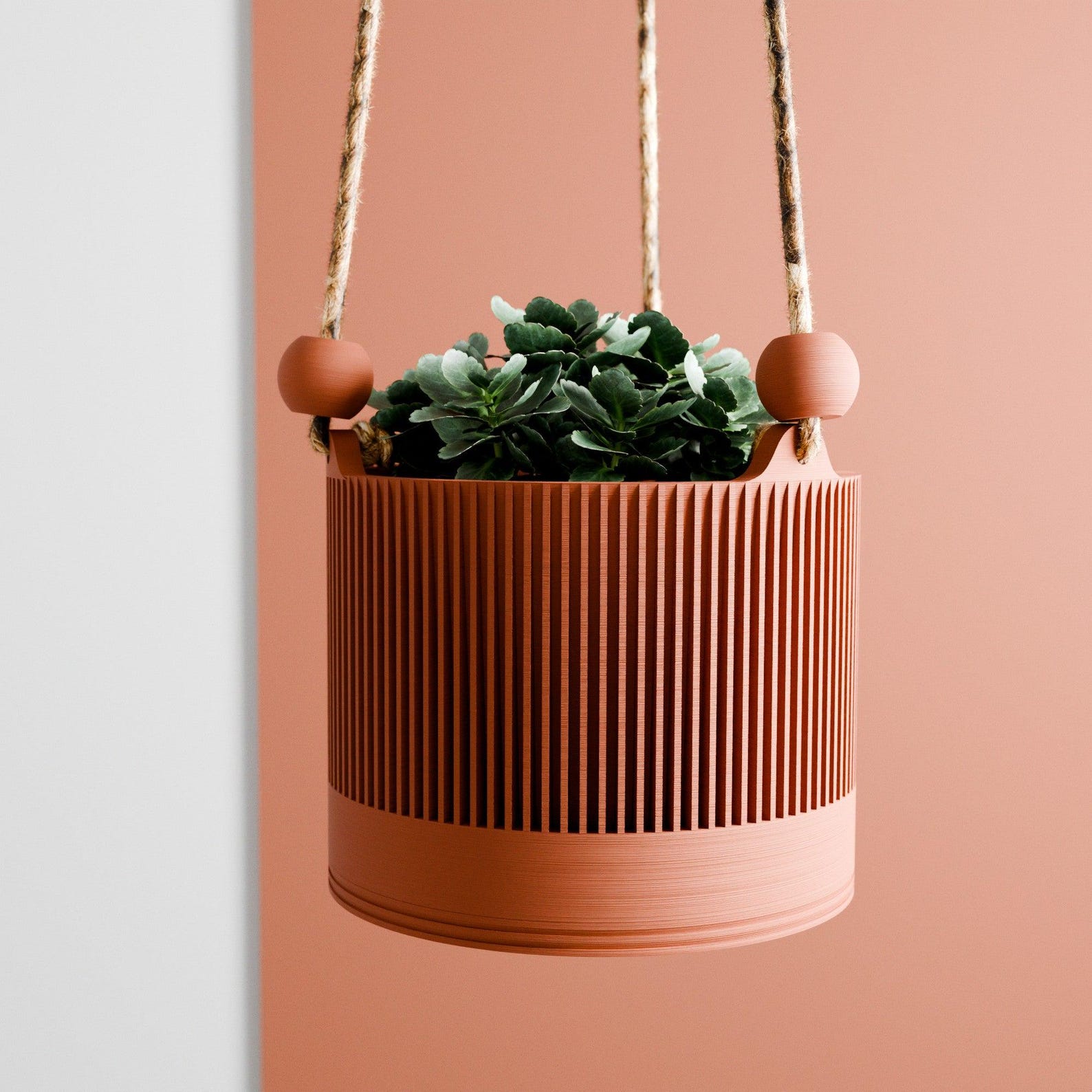 Hanging SAKURA Rope Planter, Ribbed Design With Drainage and Drip Tray, 4,6,8 Inches, Green Black Navy Blue Pink White LARGE Plant Pot