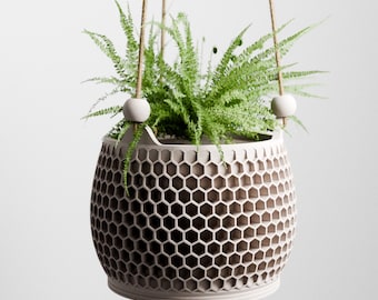 Hanging Honeycomb Rope Planter, Hexagon Design With Drainage and Drip Tray, 4,6,8 Inches, Green Black Navy Blue Pink White LARGE Plant Pot