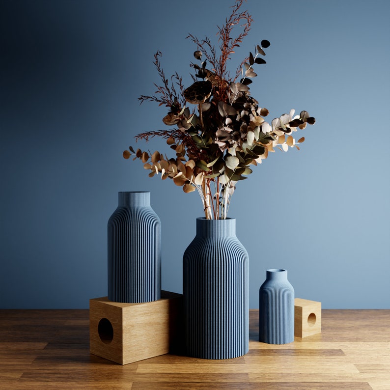 Unique Textured Vase BOTTLE Modern & Minimalist 3D Printed Vase for Fresh or Dried Flowers and Decor Gift for Home Modernized Pottery Muted Blue