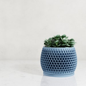 Wood Honeycomb Planter, Unique 3D Printed Plant Pot with Drainage & Saucer For Houseplants , 9 Color Options, Small to Large, 4 5 6 7 8 Inch Blue