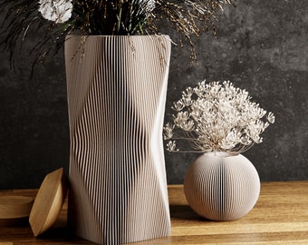 Modernized Pottery 3D Printed Wood Vase, 8 Color Options, Waterproof for REAL Flowers & Pampas, PREMIUM and UNIQUE, 9 Inches, Matte Finish