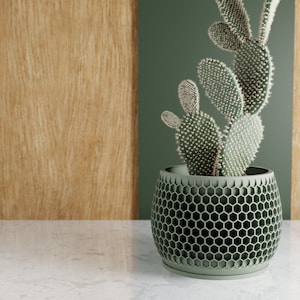 Wood Honeycomb Planter, Unique 3D Printed Plant Pot with Drainage & Saucer For Houseplants , 9 Color Options, Small to Large, 4 5 6 7 8 Inch Green