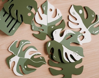 Monstera Leaf Coaster Set, Tropical Drink Coasters, Botanical Table Decor, Pink & Green Plant Lover Gift for Home