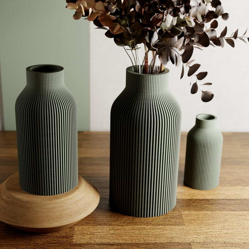 Unique Textured Vase BOTTLE Modern & Minimalist 3D Printed Vase for Fresh or Dried Flowers and Decor Gift for Home Modernized Pottery Muted Green