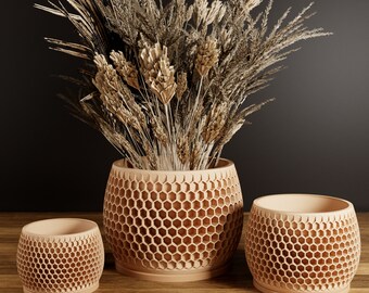 Wood Honeycomb Plant Pot Unique, 3D Printed Planter, Planter with Drainage, Minimal Decor, Small Medium Large 3 to 7 Inch Plant Pot