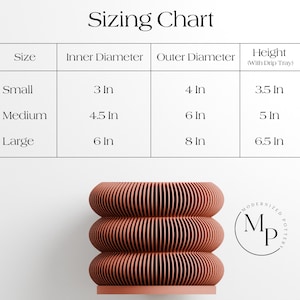 May include: A coral-colored, ribbed planter with a stacked design. The image includes a sizing chart with measurements in inches: Small (3 in inner, 4 in outer, 3.5 in height), Medium (4.5 in inner, 6 in outer, 5 in height), and Large (6 in inner, 8 in outer, 6.5 in height).