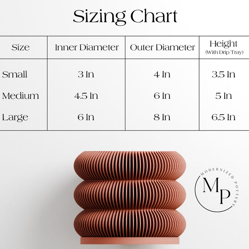 May include: A coral-colored, ribbed planter with a stacked design. The image includes a sizing chart with measurements in inches: Small (3 in inner, 4 in outer, 3.5 in height), Medium (4.5 in inner, 6 in outer, 5 in height), and Large (6 in inner, 8 in outer, 6.5 in height).
