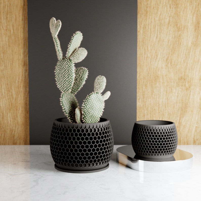 Wood Honeycomb Planter, Unique 3D Printed Plant Pot with Drainage & Saucer For Houseplants , 9 Color Options, Small to Large, 4 5 6 7 8 Inch Black