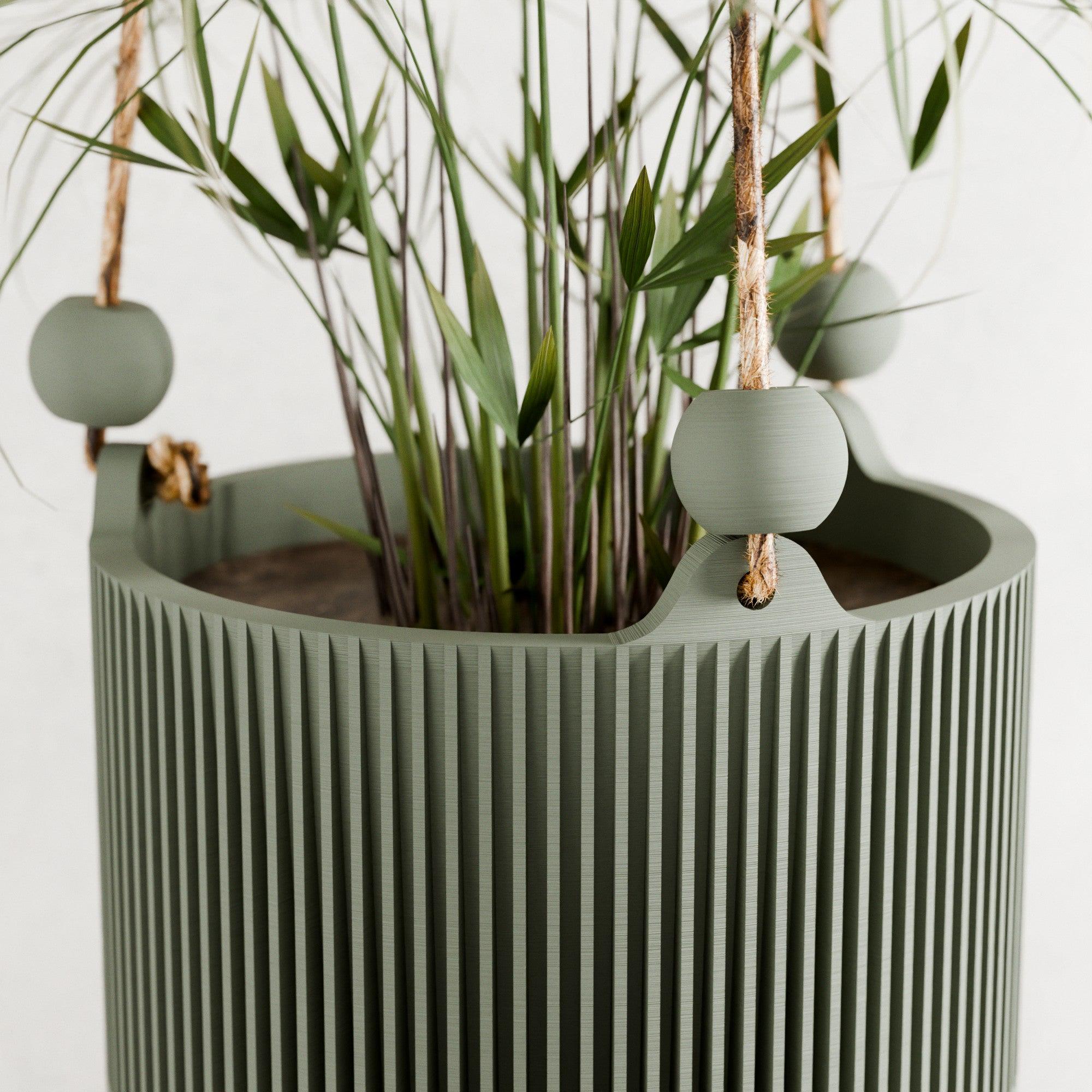 Hanging SAKURA Rope Planter, Ribbed Design With Drainage and Drip Tray ...