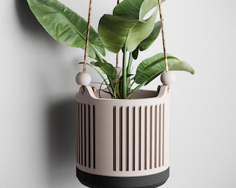 Hanging HERITAGE Rope Planter, Ribbed Design With Drainage and Drip Tray, 4,6,8 Inches, Green Black Navy Blue Pink White LARGE Plant Pot