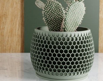 GREEN HONEYCOMB Plant Pot Unique, 3D Printed Planter, Planter with Drainage, Minimal Decor, Small Medium Large 3 to 7 Inch Plant Pot