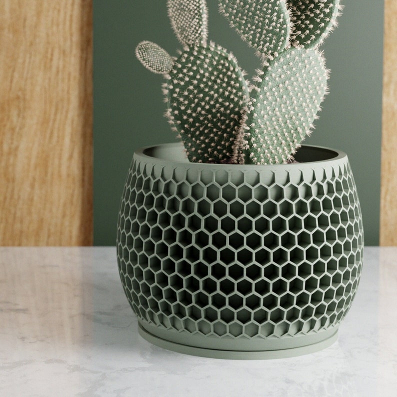 GREEN HONEYCOMB Plant Pot Unique, 3D Printed Planter, Planter with Drainage, Minimal Decor, Small Medium Large 3 to 7 Inch Plant Pot afbeelding 1