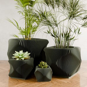 May include: Four dark grey, modern planters of varying sizes, each with a unique, wavy design. The planters hold green plants, including succulents and taller, leafy varieties. The arrangement is on a wooden surface.