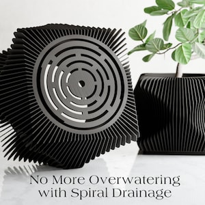 May include: Two black planters, one with a spiral drainage design and the other square, holding a plant. The image includes the text "No More Overwatering with Spiral Drainage". The planters are made of a dark material.