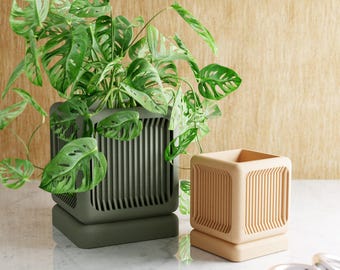 The Box Planter, 9 Color Options, Unique Square 3D Printed Plant Pot with Drainage & Saucer For Houseplants Small to Large, 4 5 6 7 8 9 Inch