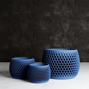 Wood Honeycomb Planter, Unique 3D Printed Plant Pot with Drainage & Saucer For Houseplants , 9 Color Options, Small to Large, 4 5 6 7 8 Inch Navy Blue