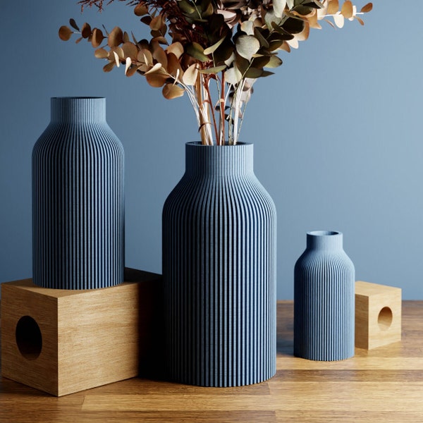 Vase BLEU mat « BOTTLE » - Design élégant - Décoration originale et frappante - Idéal pour offrir | Texturé