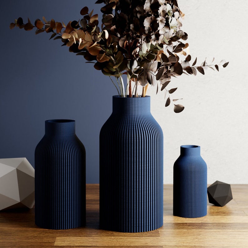Matte Blue 3D Printed Vases, Tall, Short, Bud Vase