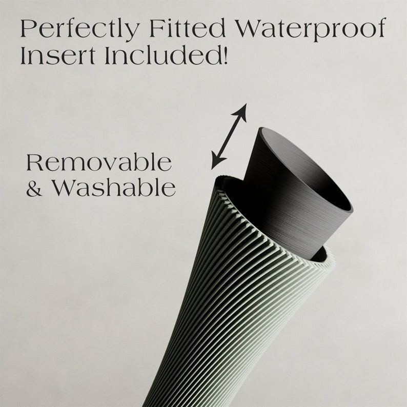 May include: A close-up of a green and black vase with a removable and washable insert. The text "Perfectly Fitted Waterproof Insert Included!" and "Removable & Washable" is visible in the image.