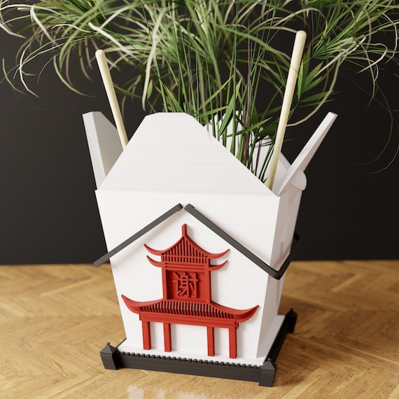 Indoor Planter Chinese Takeout Box Pot SET with Free Chopsticks, For Houseplants and Decor, Comes with Accessories, Drainage, and Drip Tray