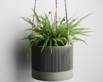 Hanging SAKURA Rope Planter, Ribbed Design With Drainage and Drip Tray, 4,6,8 Inches, Green Black Navy Blue Pink White LARGE Plant Pot