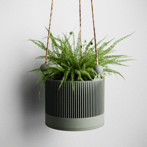 Hanging SAKURA Rope Planter, Ribbed Design With Drainage and Drip Tray, 4,6,8 Inches, Green Black Navy Blue Pink White LARGE Plant Pot