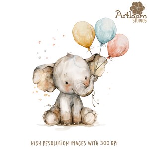 10 Baby Elephant With Balloons Clip Art Printable Watercolor JPG High ...