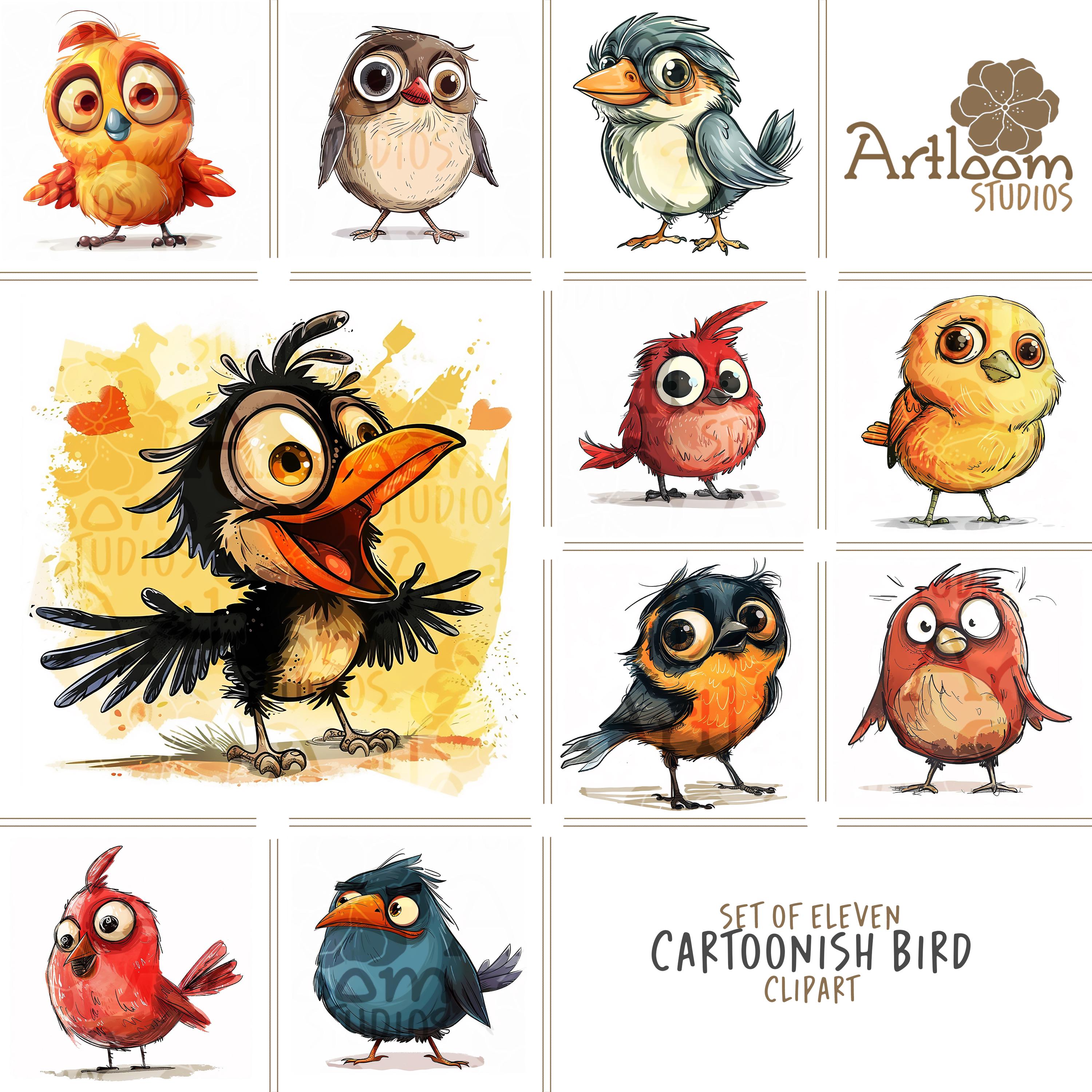11 Cartoonish Bird Clip Art Printable Watercolor Cartoon Birds Images ...