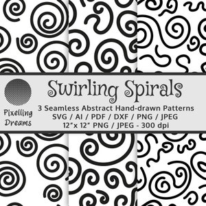 May include: Three black and white seamless patterns featuring swirling spirals. The patterns are 12 inches by 12 inches and 300 dpi. The text "Swirling Spirals" is at the top of the image.