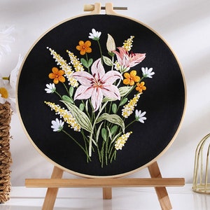 Floral Embroidery Kit DIY Pink Lily Bouquet on Black Canvas 