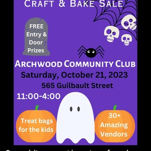 May include: Purple poster with a spider web design and a ghost. The text reads "Monster Mash Craft & Bake Sale" and includes details about the event, including the date, time, location, and free entry.