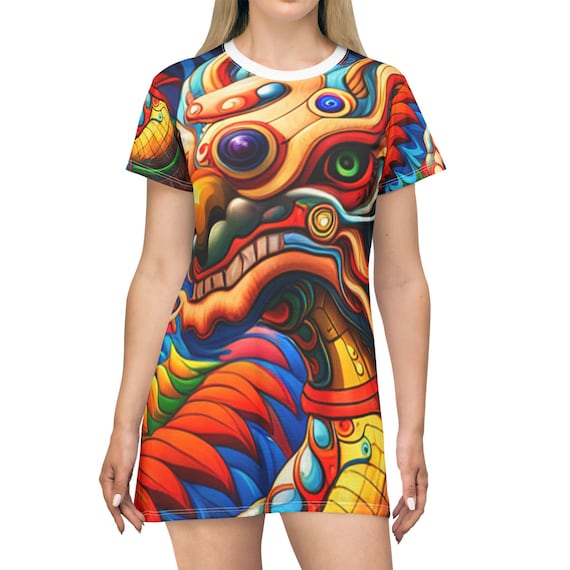 dragon shirt dress Phoenix Dragon Printed Mini Shirt Dress