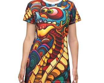 knee length dresses for ladies Mini dress with dragon print – KIDAMA Kifashion main image 0
